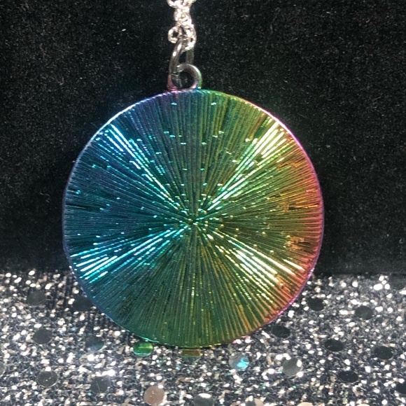 Moon necklace with shiny rainbow colors, back has different design, silver chain - Picture 4 of 7